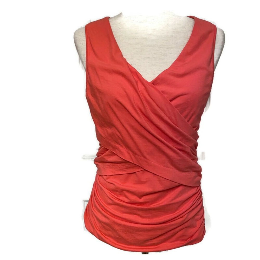 SUNDANCE TOP TANK V-NECK WRAP LOOK PINK SALMON RUCHED SLEEVELESS Size M